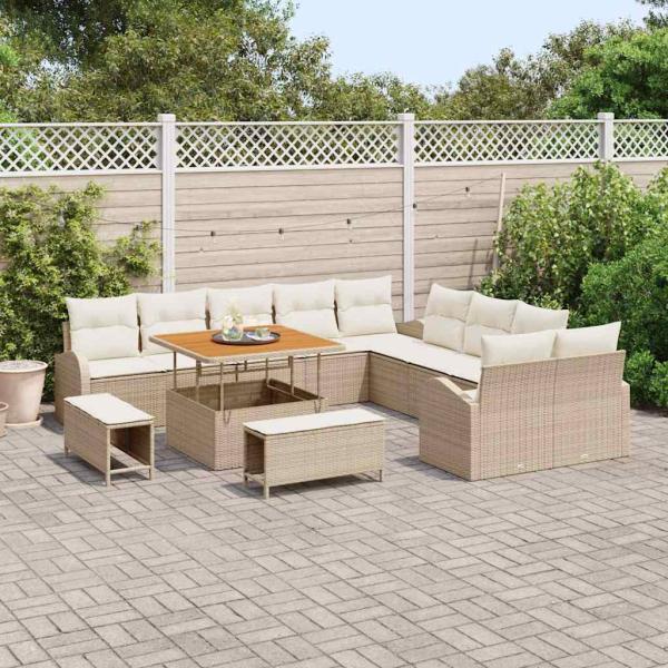 13-teiliges Garten Sofa Set mit Kissen Beige Poly Rattan Akazie