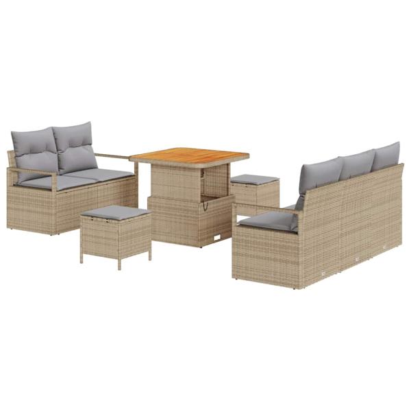 8-teiliges Garten Sofa Set mit Kissen Beige Poly Rattan Akazie