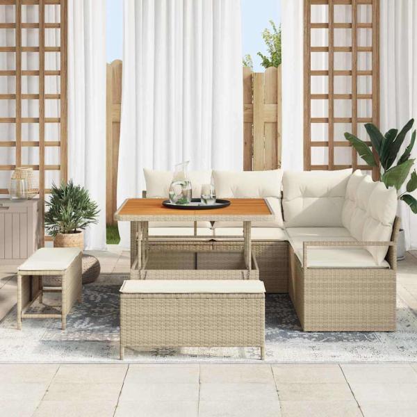 8-teiliges Garten Sofa Set mit Kissen Beige Poly Rattan Akazie