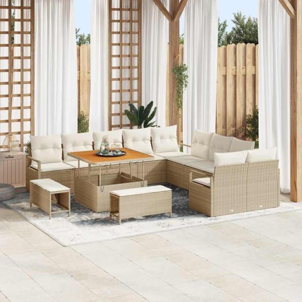 ARDEBO.de - 13-teiliges Garten Sofa Set mit Kissen Beige Poly Rattan Akazie