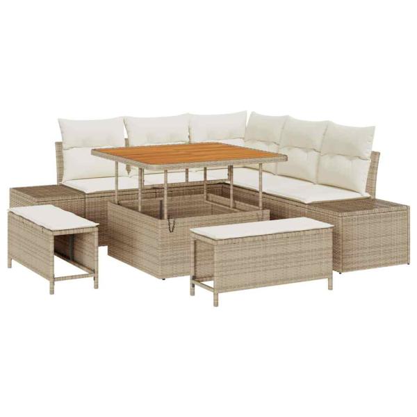 8-teiliges Garten Sofa Set mit Kissen Beige Poly-Rattan Akazie