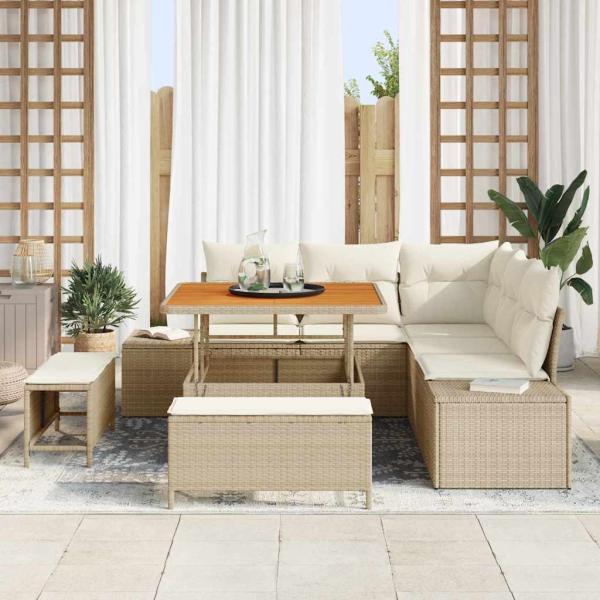 8-teiliges Garten Sofa Set mit Kissen Beige Poly-Rattan Akazie