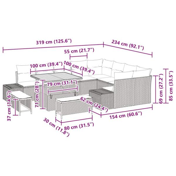 12-teiliges Garten-Sofa-Set mit Kissen in Beige Poly Rattan Akazie