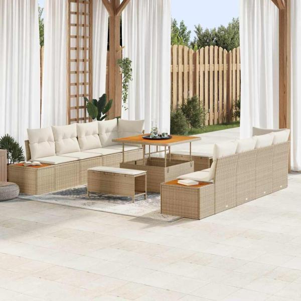 ARDEBO.de - 11-tlg. Garten-Sofagarnitur mit Kissen Beige Poly Rattan Akazie