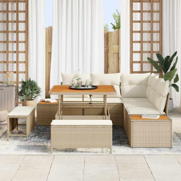 8-teiliges Garten-Sofaset mit Kissen Beige Poly-Rattan Akazie
