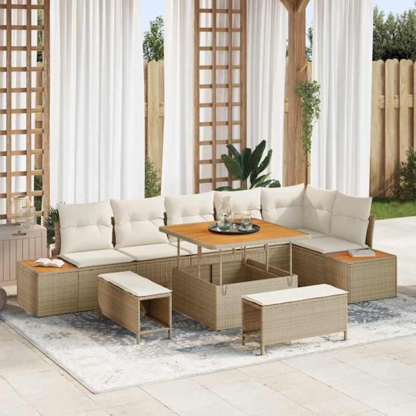 ARDEBO.de - 9-tlg. Garten-Sofagarnitur mit Kissen Beige Poly Rattan Akazie