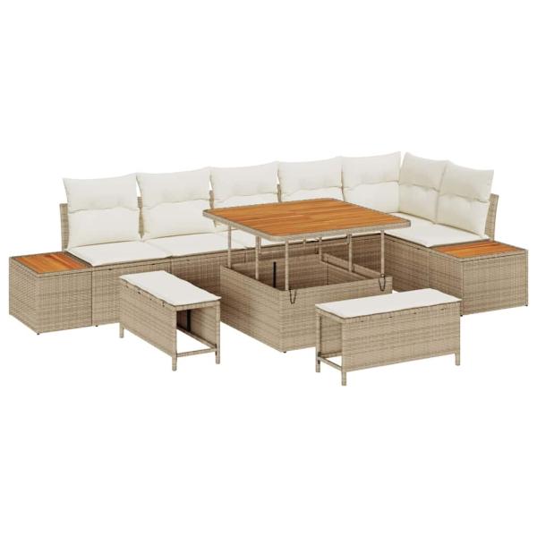 9-tlg. Garten-Sofagarnitur mit Kissen Beige Poly Rattan Akazie