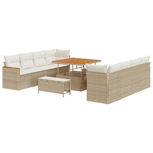 11-tlg. Garten-Sofagarnitur mit Kissen Beige Poly Rattan Akazie