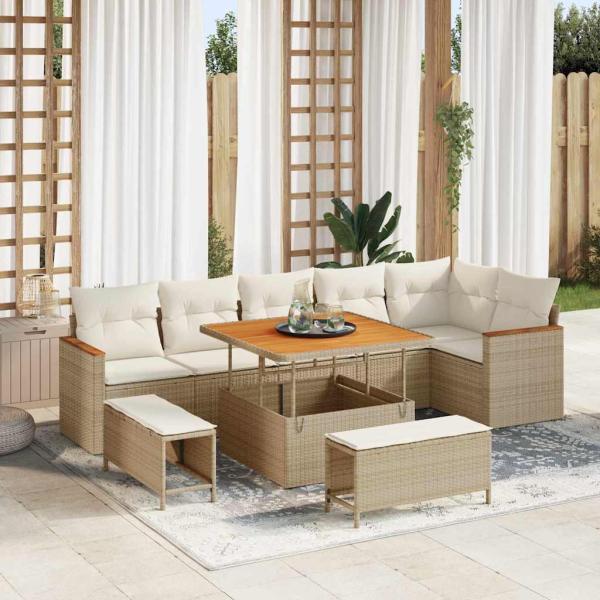 ARDEBO.de - 9-tlg. Garten-Sofagarnitur mit Kissen Beige Poly Rattan Akazie