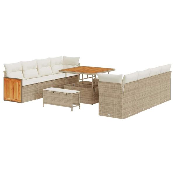 11-teilige Garten-Sofa-Set mit Kissen Beige Poly Rattan Akazie