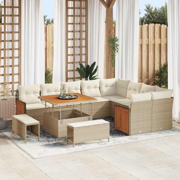 ARDEBO.de - 12-teiliges Garten Sofaset mit Kissen Beige Poly-Rattan Akazie