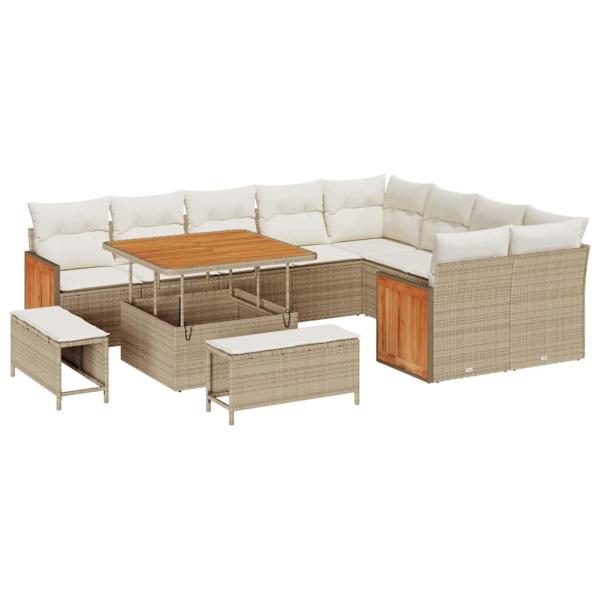 12-teiliges Garten Sofaset mit Kissen Beige Poly-Rattan Akazie