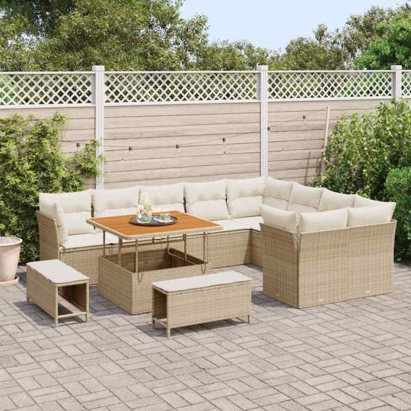 12-teiliges Garten-Sofa-Set mit Kissen Beige Poly Rattan Akazie