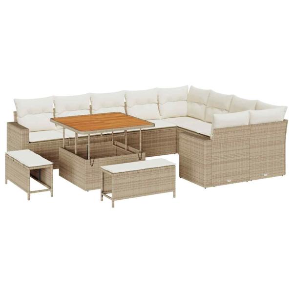 12-teiliges Garten Sofa Set mit Kissen Beige Poly Rattan Akazie