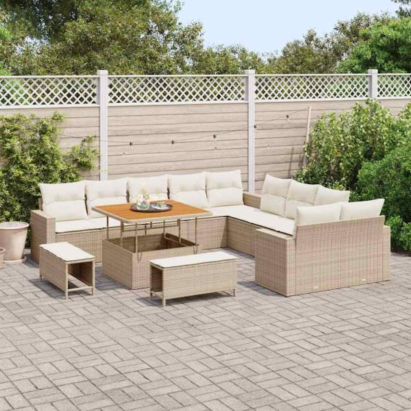 13-teiliges Garten Sofaset mit Kissen Beige Poly Rattan Akazie