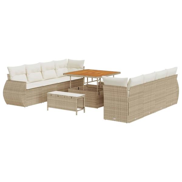 11-tlg. Garten-Sofagarnitur mit Kissen Beige Poly Rattan Akazie
