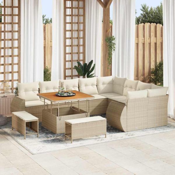 ARDEBO.de - 12-tlg. Garten-Sofagarnitur mit Kissen Beige Poly Rattan Akazie