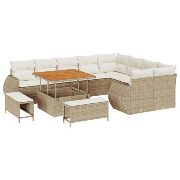 12-tlg. Garten-Sofagarnitur mit Kissen Beige Poly Rattan Akazie