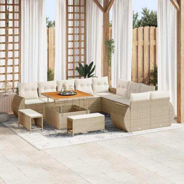 ARDEBO.de - 13-teiliges Garten-Sofa-Set mit Kissen Beige Poly-Rattan Akazie