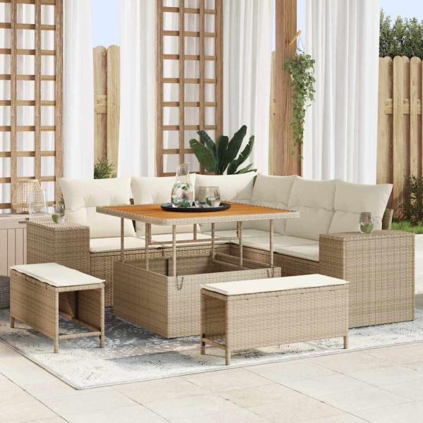 ARDEBO.de - 8-teiliges Garten Sofa Set mit Kissen Beige Poly Rattan Akazie