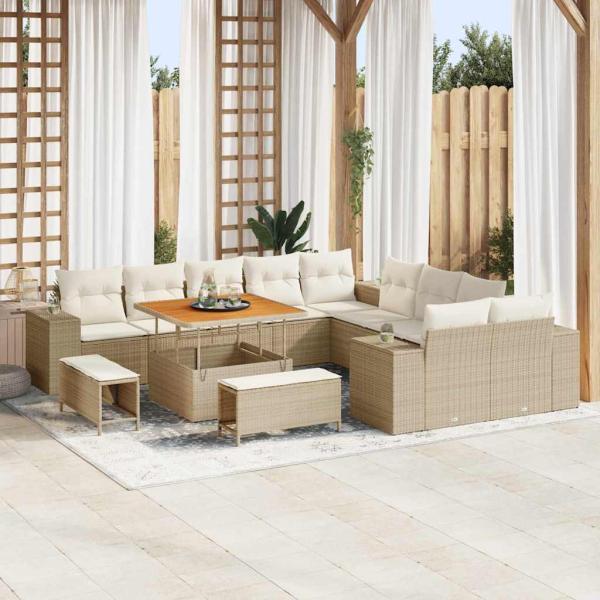 ARDEBO.de - 13-teiliges Garten Sofa Set mit Kissen Beige Poly Rattan Akazie