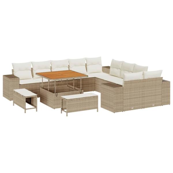 13-teiliges Garten Sofa Set mit Kissen Beige Poly Rattan Akazie