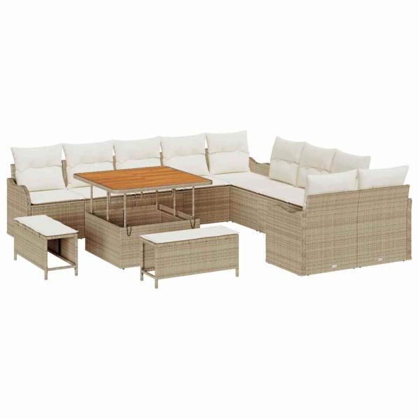 13-teiliges Garten-Sofa-Set mit Kissen Beige Poly-Rattan Akazie