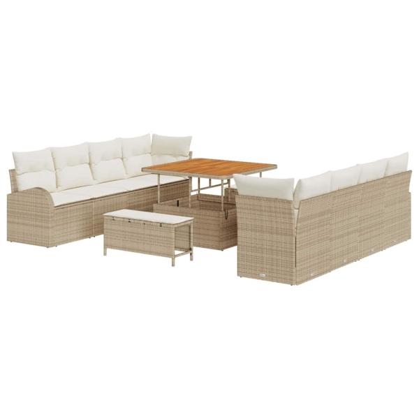 11-teiliges Garten-Sofaset mit Kissen Beige Poly-Rattan Akazie