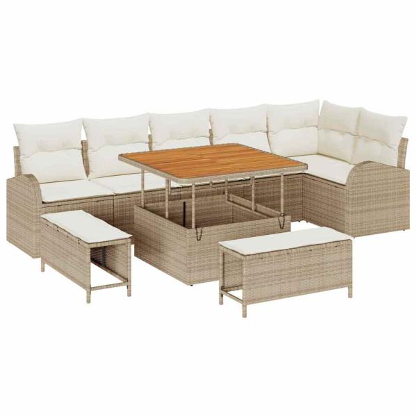 ARDEBO.de - 9-teiliges Garten-Sofa-Set mit Kissen Beiges Poly-Rattan Akazie