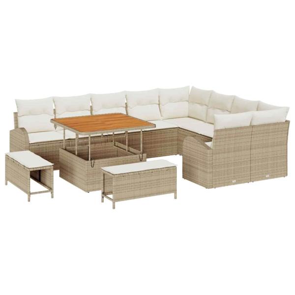 12-teiliges Garten Sofa Set mit Kissen Beige Poly Rattan Akazie
