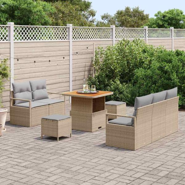 8-teiliges Garten Sofa Set mit Kissen Beige Poly Rattan Akazie