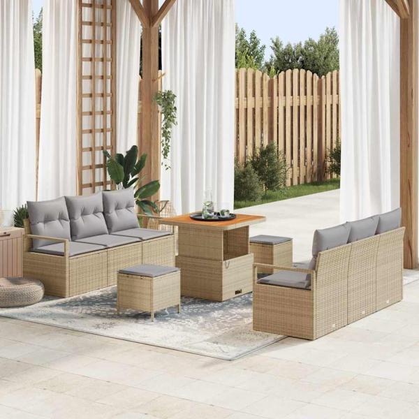 ARDEBO.de - 9-teiliges Garten Sofa Set mit Kissen Beige Poly Rattan Akazie