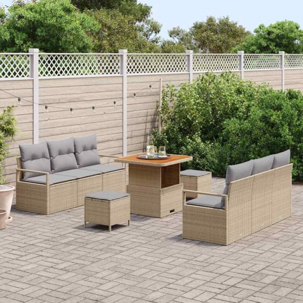 9-teiliges Garten Sofa Set mit Kissen Beige Poly Rattan Akazie