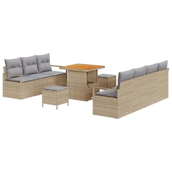 10-teiliges Garten-Sofa-Set mit Kissen Beige Poly-Rattan Akazie