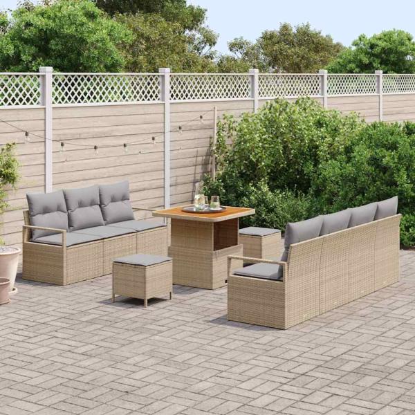 10-teiliges Garten-Sofa-Set mit Kissen Beige Poly-Rattan Akazie