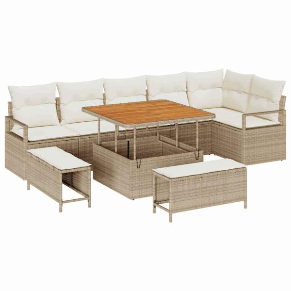 9-teiliges Garten Sofa Set mit Kissen Beige Poly Rattan Akazie