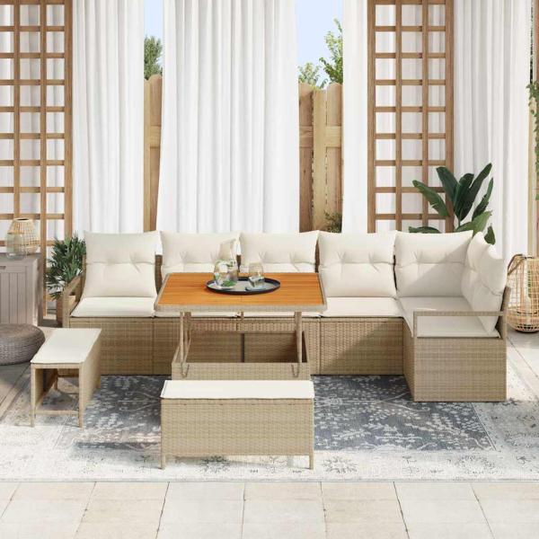 9-teiliges Garten Sofa Set mit Kissen Beige Poly Rattan Akazie