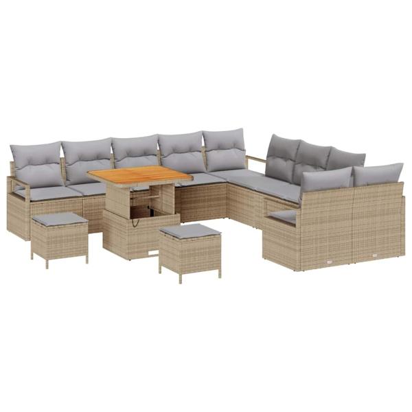 13-teiliges Garten Sofa Set mit Kissen Beige Poly Rattan Akazie