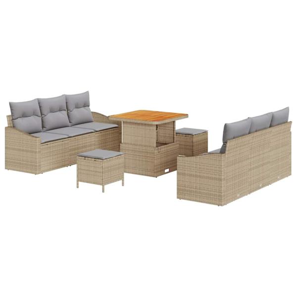 9-teiliges Garten-Sofaset mit Kissen Beige Poly-Rattan Akazie