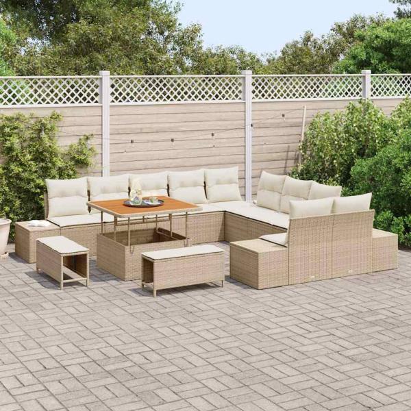 13-tlg. Garten-Sofagarnitur mit Kissen Beige Poly Rattan Akazie