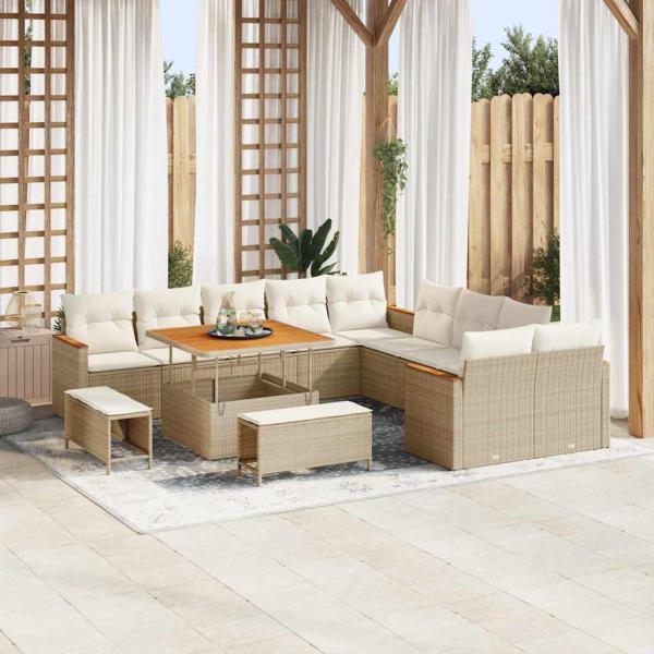 ARDEBO.de - 13-tlg. Garten-Sofagarnitur mit Kissen Beige Poly Rattan Akazie