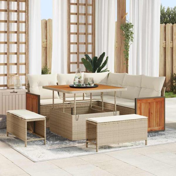 ARDEBO.de - 8-teiliges Garten Sofaset mit Kissen Beige Poly Rattan Akazie