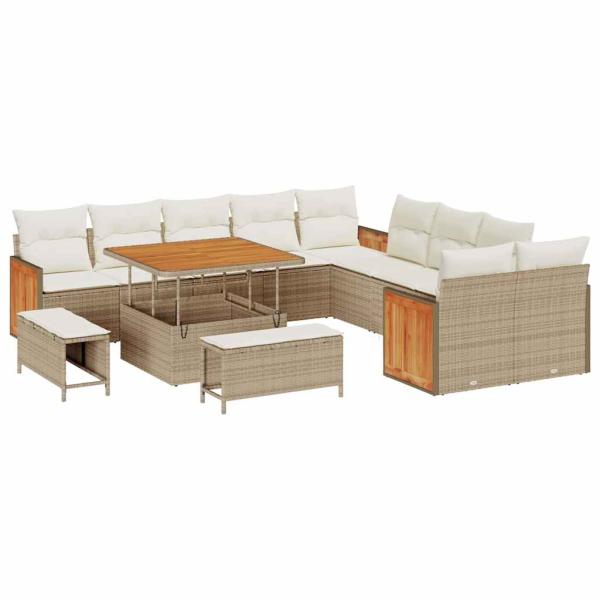 13-teiliges Garten Sofa Set mit Kissen Beige Poly Rattan Akazie