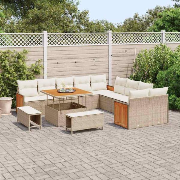 13-teiliges Garten Sofa Set mit Kissen Beige Poly Rattan Akazie