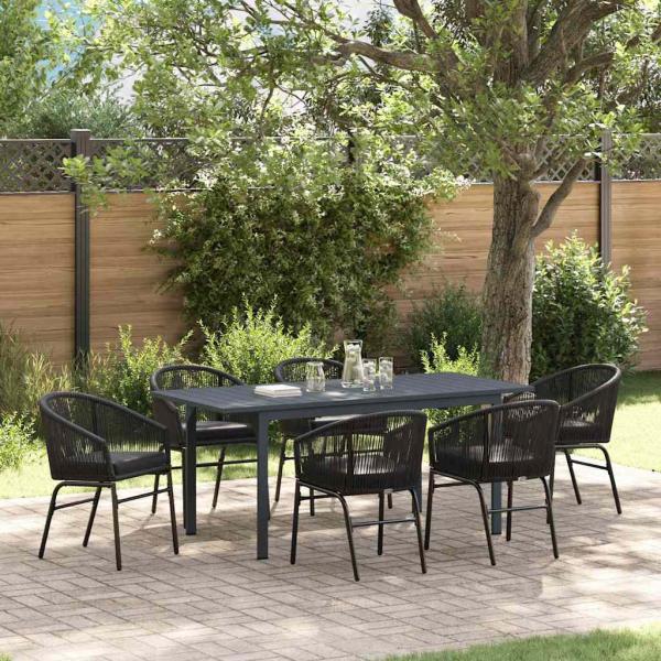 ARDEBO.de - 7-teiliges Garten Essgruppen Set mit Kissen Schwarz Poly Rattan
