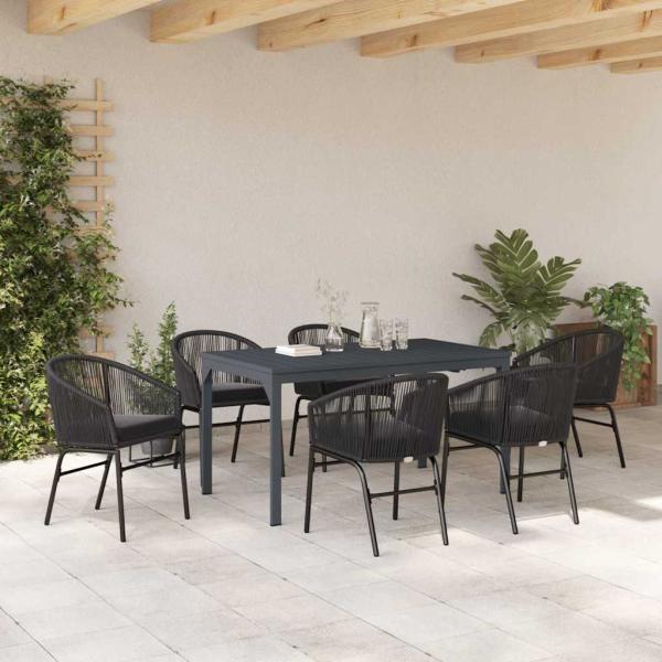7-teiliges Garten Essgruppen Set mit Kissen Schwarz Poly Rattan