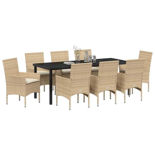ARDEBO.de - 9-teiliges Garten Esstisch Set mit Kissen Beige Poly Rattan