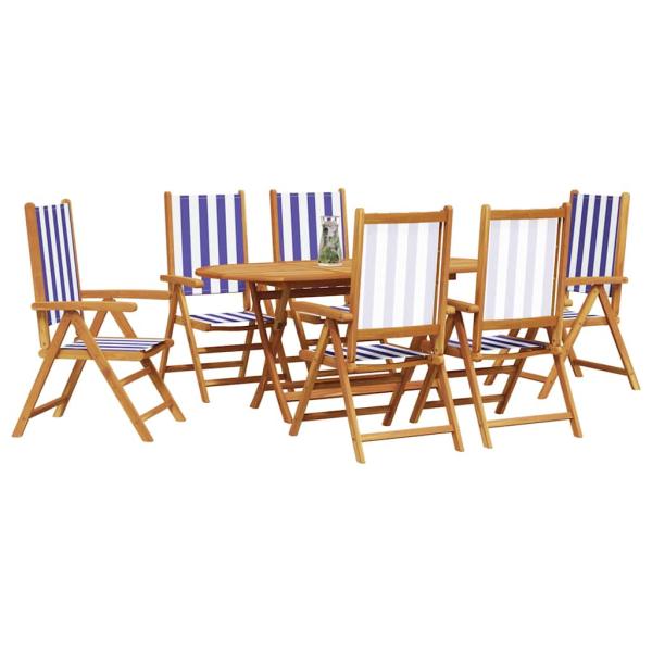 7-teiliges Garten Esstisch Set Blau und Weiß aus massivem Akazienholz