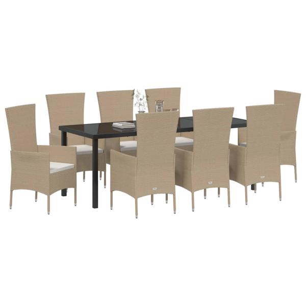 9-teilige Garten Essgruppe mit Kissen Beige Poly Rattan