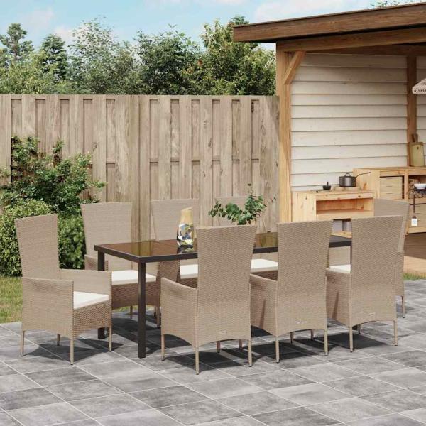9-teilige Garten Essgruppe mit Kissen Beige Poly Rattan